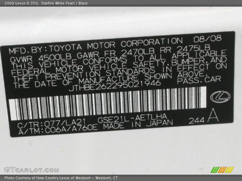 Starfire White Pearl / Black 2009 Lexus IS 350