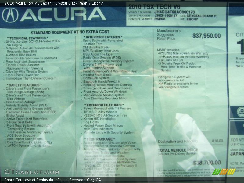 Crystal Black Pearl / Ebony 2010 Acura TSX V6 Sedan