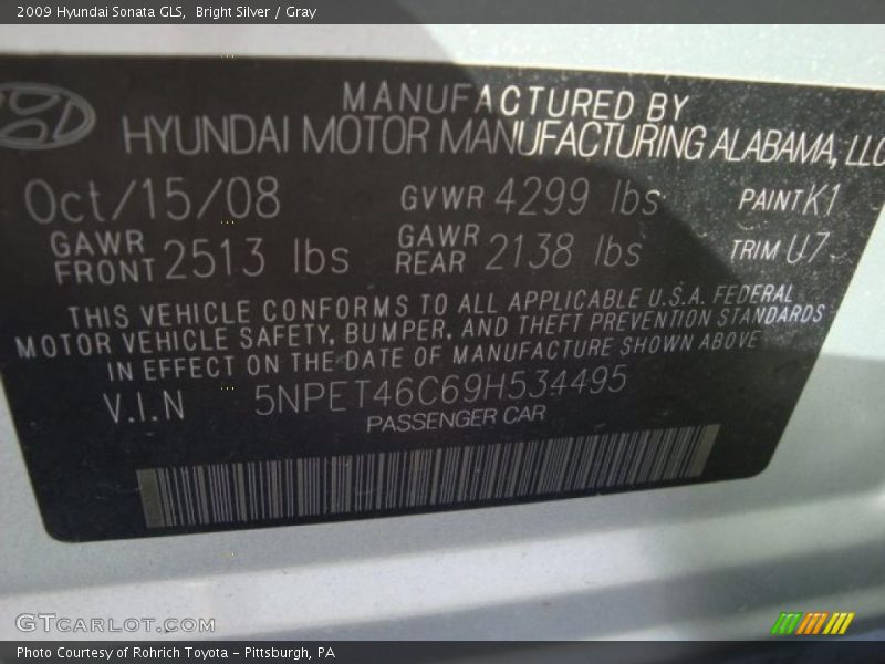 Bright Silver / Gray 2009 Hyundai Sonata GLS