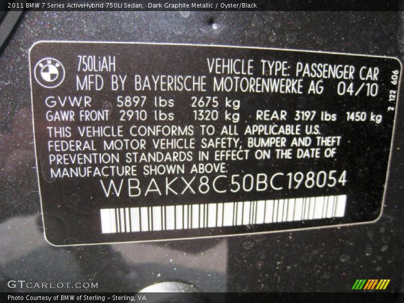 Dark Graphite Metallic / Oyster/Black 2011 BMW 7 Series ActiveHybrid 750Li Sedan