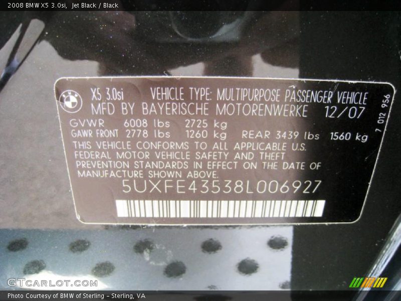 Jet Black / Black 2008 BMW X5 3.0si