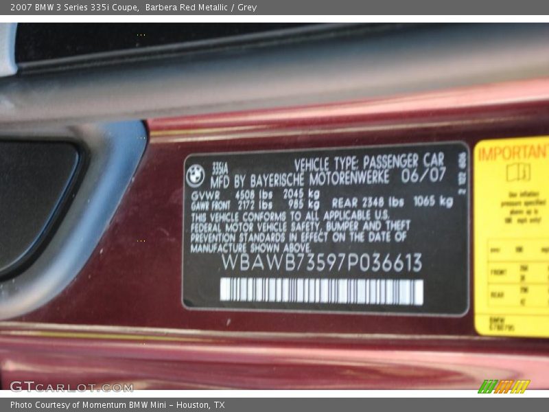 Barbera Red Metallic / Grey 2007 BMW 3 Series 335i Coupe