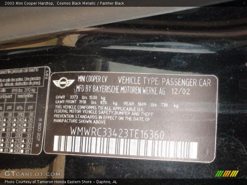 Cosmos Black Metallic / Panther Black 2003 Mini Cooper Hardtop