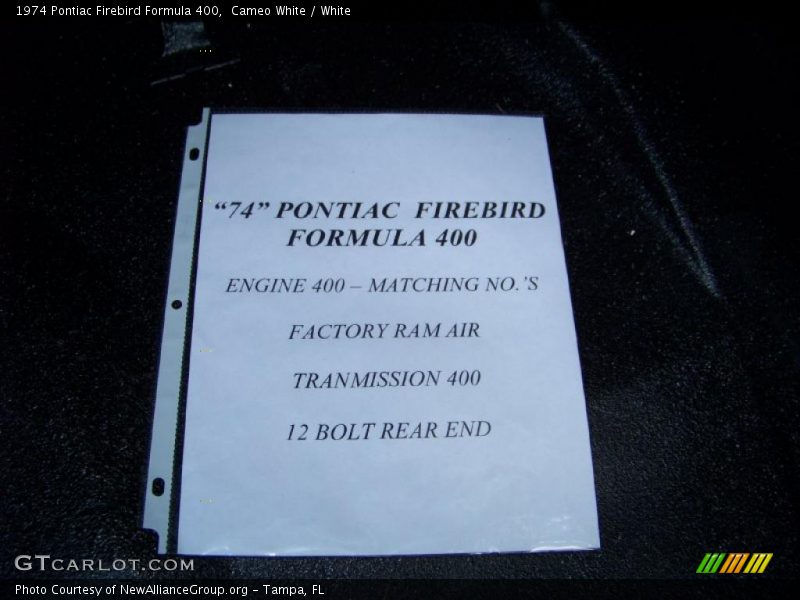 Cameo White / White 1974 Pontiac Firebird Formula 400