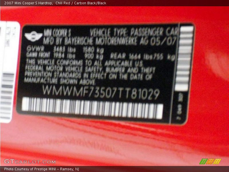 Chili Red / Carbon Black/Black 2007 Mini Cooper S Hardtop