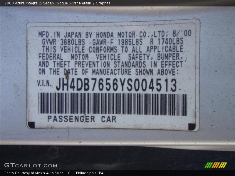 Vogue Silver Metallic / Graphite 2000 Acura Integra LS Sedan