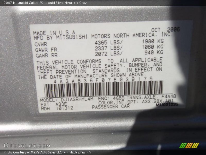 Liquid Silver Metallic / Gray 2007 Mitsubishi Galant ES