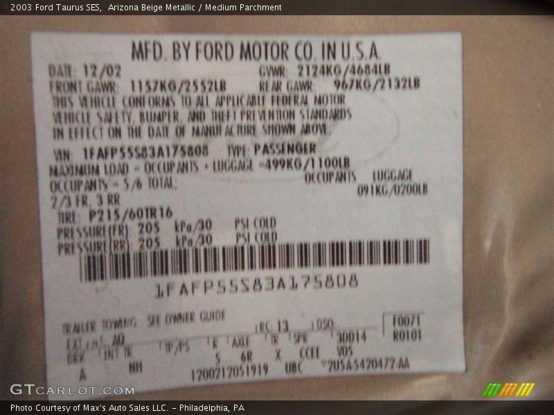 Arizona Beige Metallic / Medium Parchment 2003 Ford Taurus SES