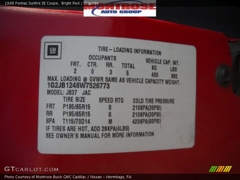 Bright Red / Graphite 1998 Pontiac Sunfire SE Coupe