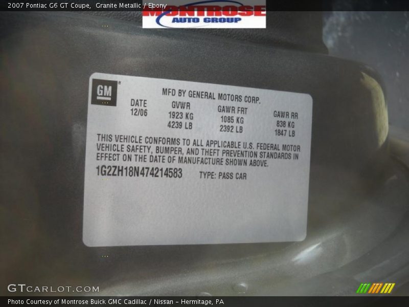 Granite Metallic / Ebony 2007 Pontiac G6 GT Coupe
