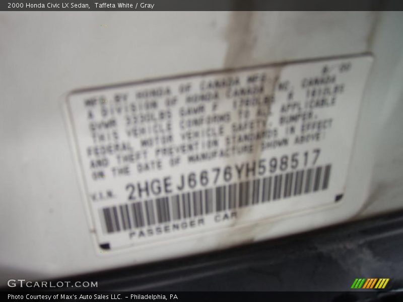 Taffeta White / Gray 2000 Honda Civic LX Sedan