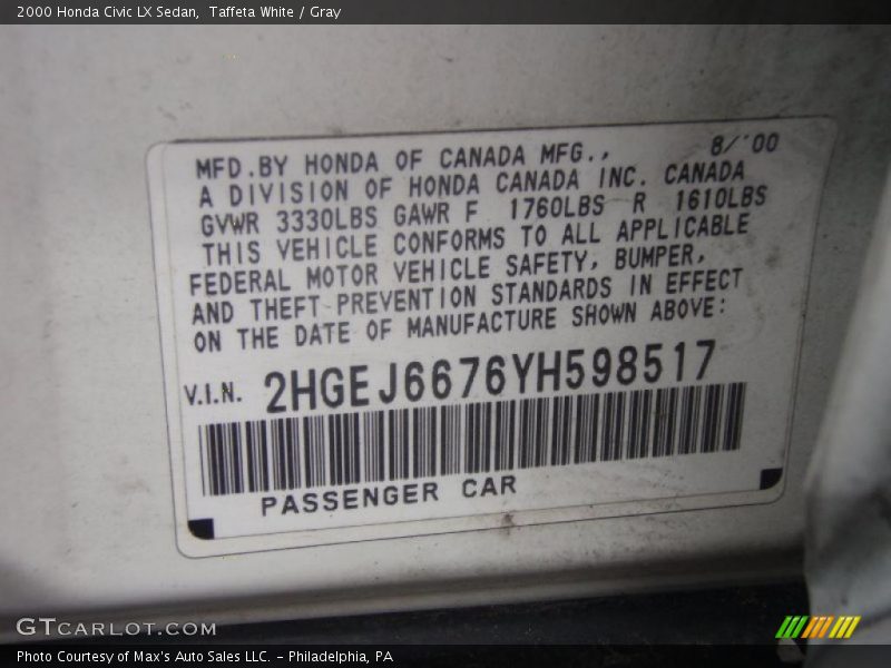 Taffeta White / Gray 2000 Honda Civic LX Sedan
