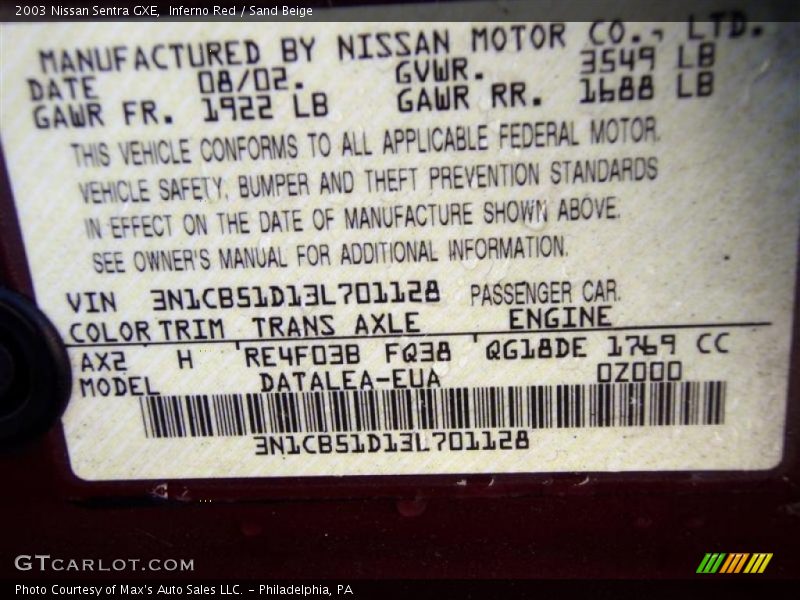 Inferno Red / Sand Beige 2003 Nissan Sentra GXE