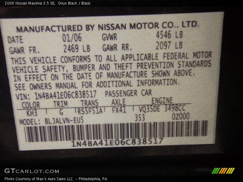 Onyx Black / Black 2006 Nissan Maxima 3.5 SE