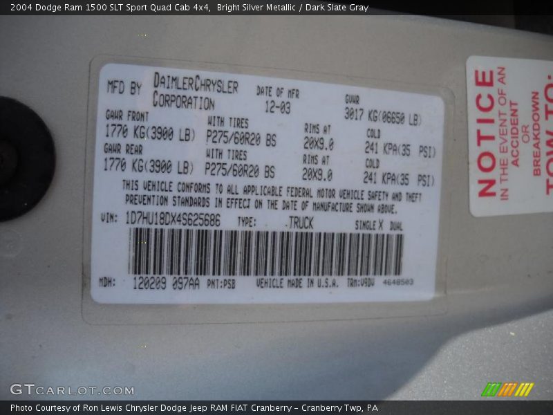 Bright Silver Metallic / Dark Slate Gray 2004 Dodge Ram 1500 SLT Sport Quad Cab 4x4