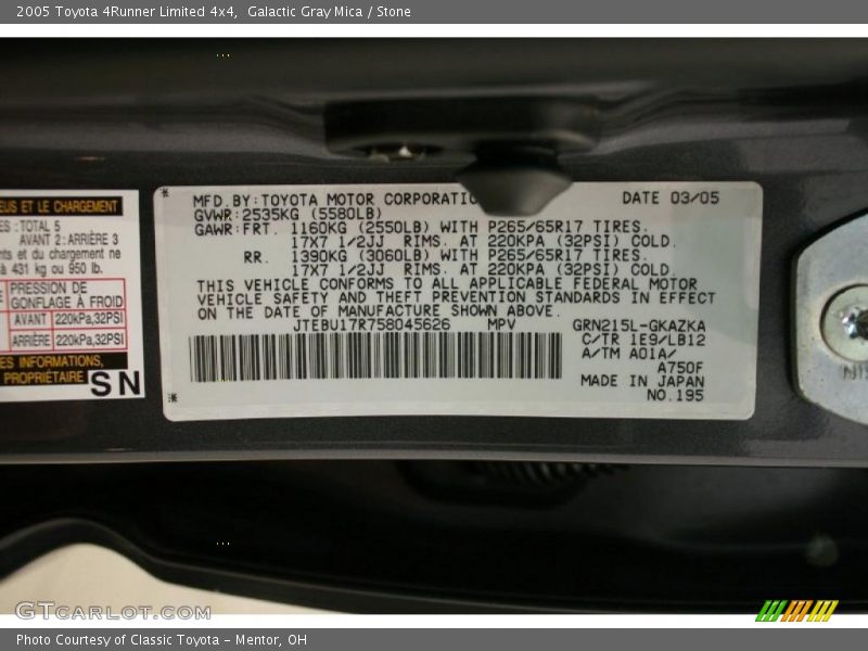 Galactic Gray Mica / Stone 2005 Toyota 4Runner Limited 4x4