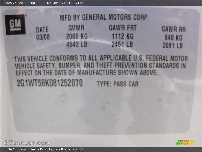 Silverstone Metallic / Gray 2008 Chevrolet Impala LT