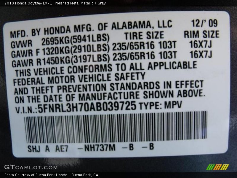 Polished Metal Metallic / Gray 2010 Honda Odyssey EX-L
