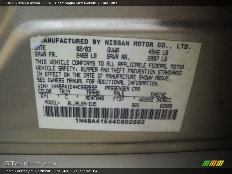 Champagne Mist Metallic / Cafe Latte 2004 Nissan Maxima 3.5 SL