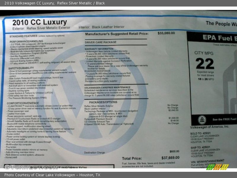 Reflex Silver Metallic / Black 2010 Volkswagen CC Luxury