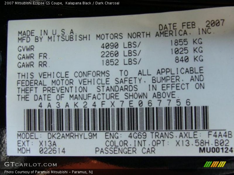 Kalapana Black / Dark Charcoal 2007 Mitsubishi Eclipse GS Coupe