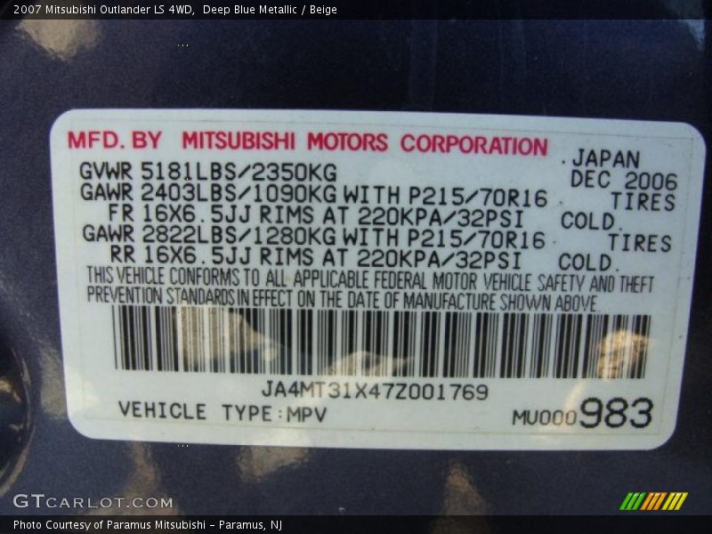 Deep Blue Metallic / Beige 2007 Mitsubishi Outlander LS 4WD