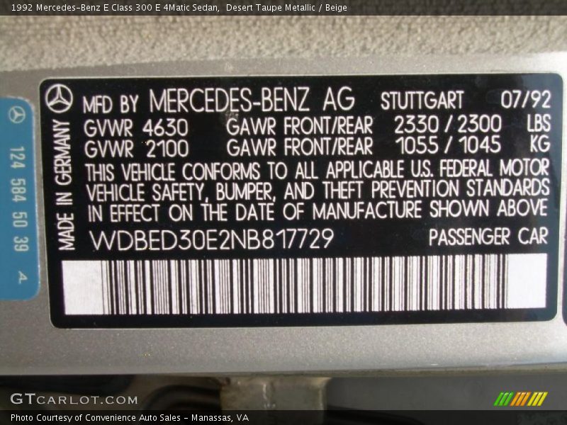 Desert Taupe Metallic / Beige 1992 Mercedes-Benz E Class 300 E 4Matic Sedan