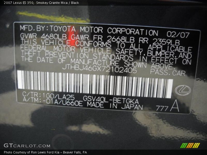 Smokey Granite Mica / Black 2007 Lexus ES 350