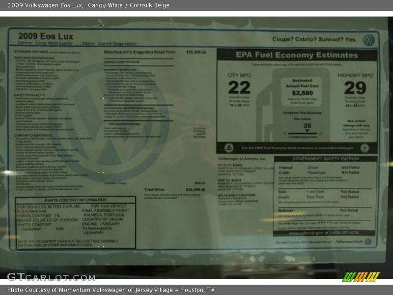 Candy White / Cornsilk Beige 2009 Volkswagen Eos Lux