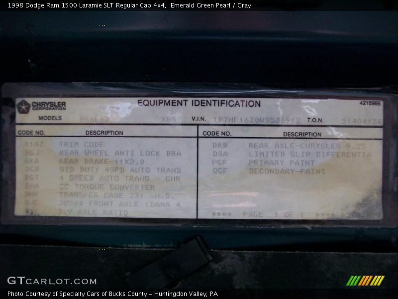 Emerald Green Pearl / Gray 1998 Dodge Ram 1500 Laramie SLT Regular Cab 4x4