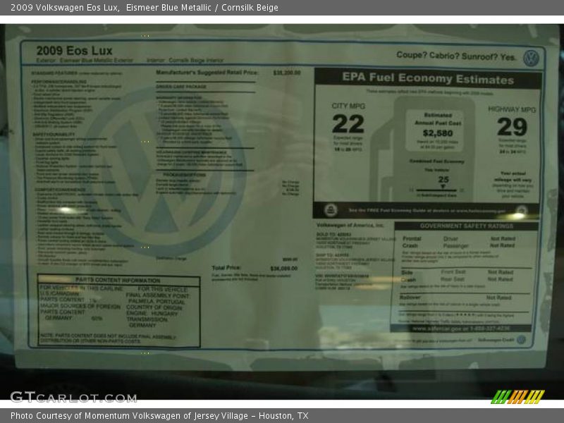 Eismeer Blue Metallic / Cornsilk Beige 2009 Volkswagen Eos Lux