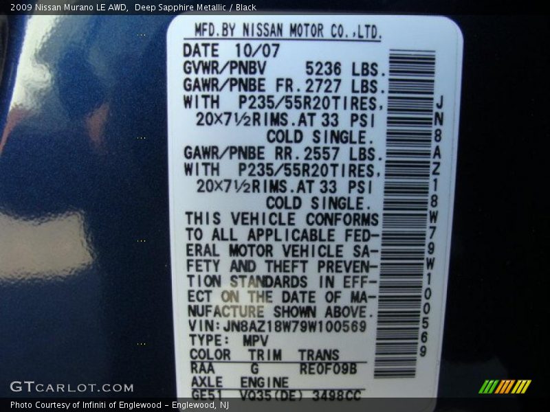 Deep Sapphire Metallic / Black 2009 Nissan Murano LE AWD