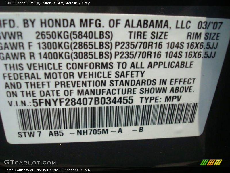 Nimbus Gray Metallic / Gray 2007 Honda Pilot EX