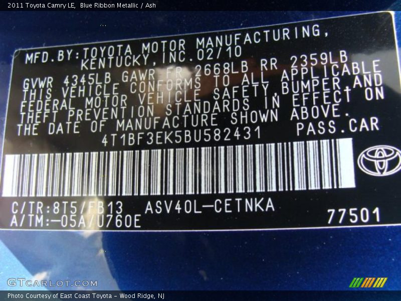 Blue Ribbon Metallic / Ash 2011 Toyota Camry LE
