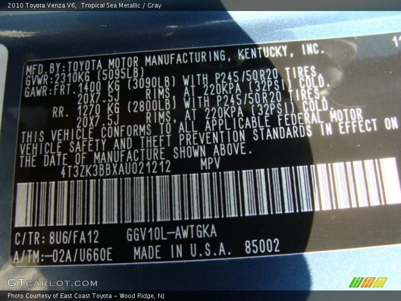 Tropical Sea Metallic / Gray 2010 Toyota Venza V6