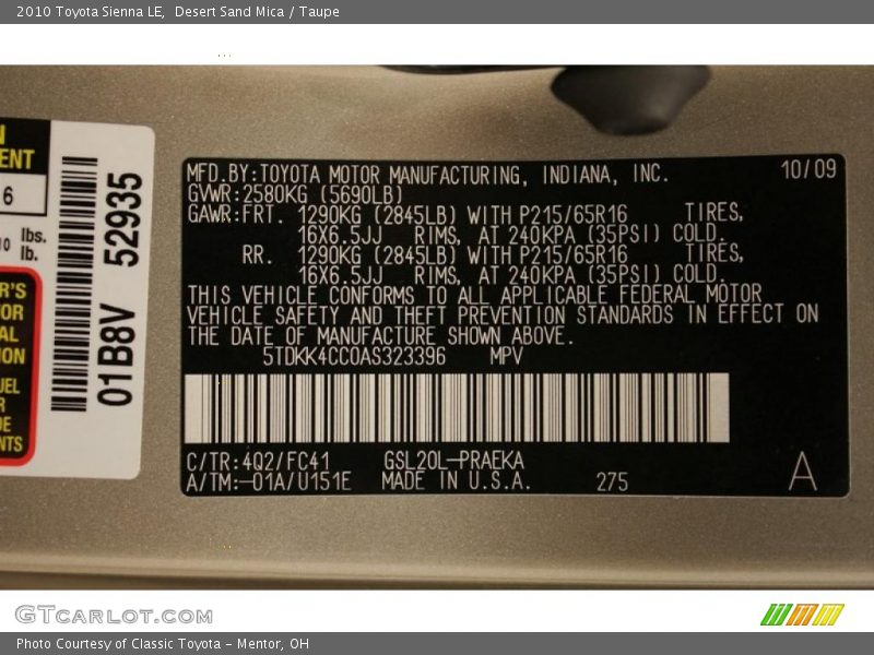 Desert Sand Mica / Taupe 2010 Toyota Sienna LE