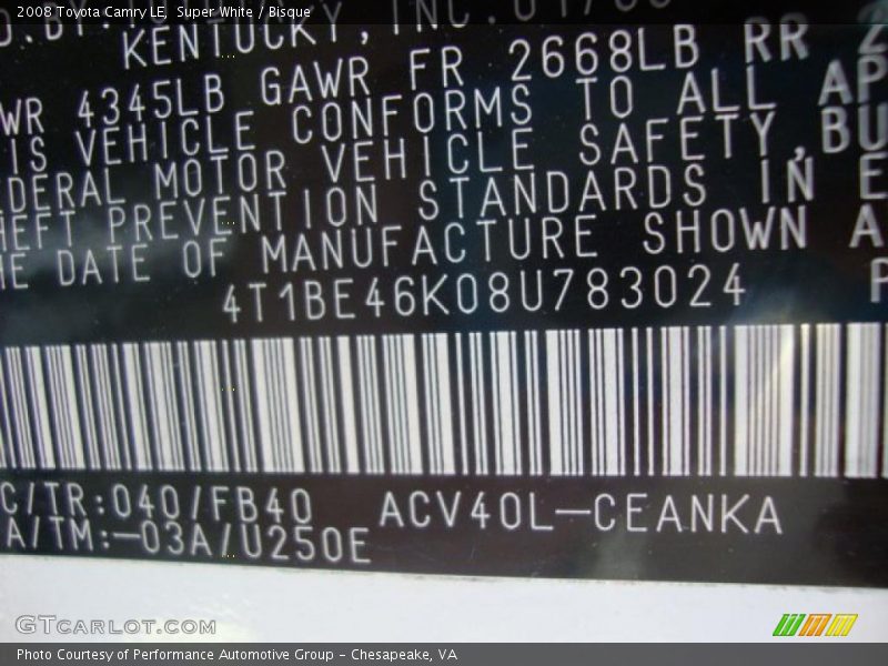 Super White / Bisque 2008 Toyota Camry LE