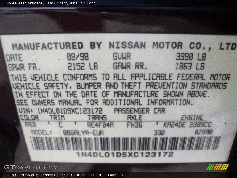 Black Cherry Metallic / Blond 1999 Nissan Altima SE