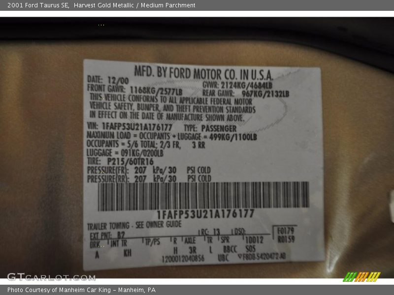 Harvest Gold Metallic / Medium Parchment 2001 Ford Taurus SE
