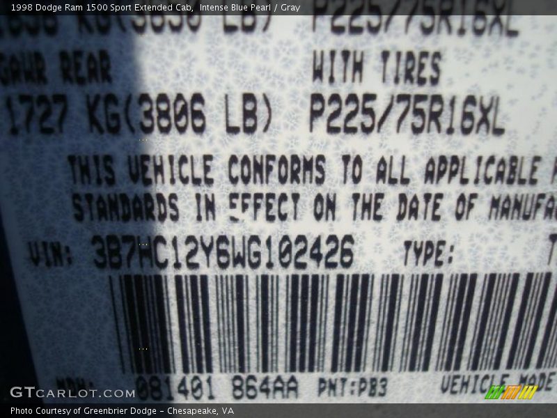 Intense Blue Pearl / Gray 1998 Dodge Ram 1500 Sport Extended Cab