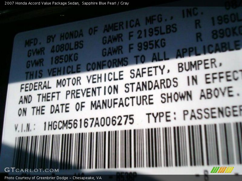 Sapphire Blue Pearl / Gray 2007 Honda Accord Value Package Sedan