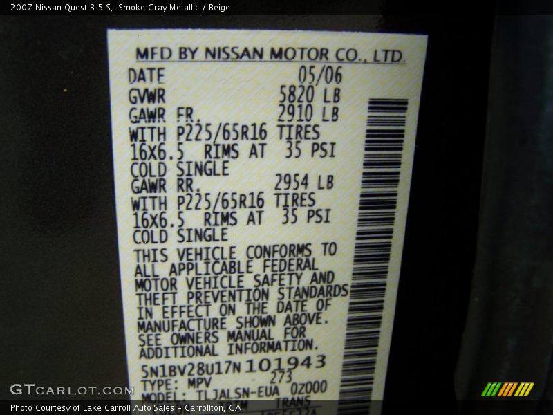 Smoke Gray Metallic / Beige 2007 Nissan Quest 3.5 S