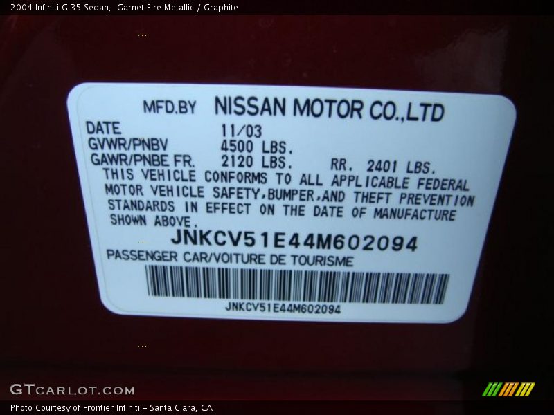 Garnet Fire Metallic / Graphite 2004 Infiniti G 35 Sedan