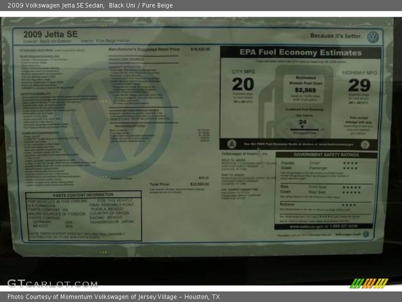 Black Uni / Pure Beige 2009 Volkswagen Jetta SE Sedan