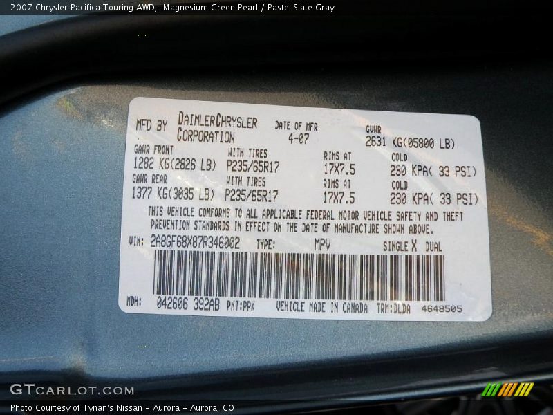 Magnesium Green Pearl / Pastel Slate Gray 2007 Chrysler Pacifica Touring AWD