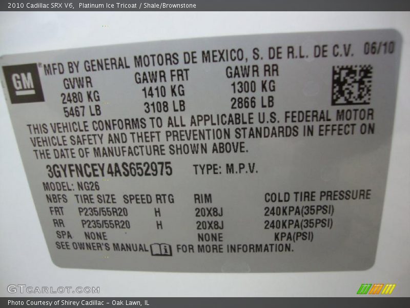 Platinum Ice Tricoat / Shale/Brownstone 2010 Cadillac SRX V6