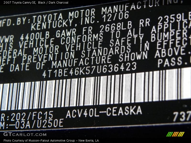 Black / Dark Charcoal 2007 Toyota Camry SE