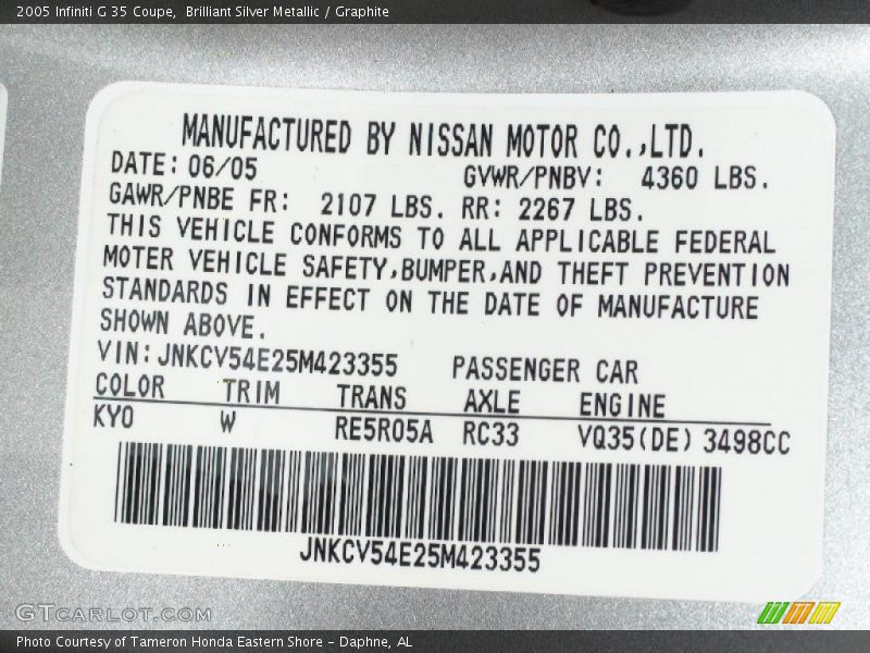 Brilliant Silver Metallic / Graphite 2005 Infiniti G 35 Coupe