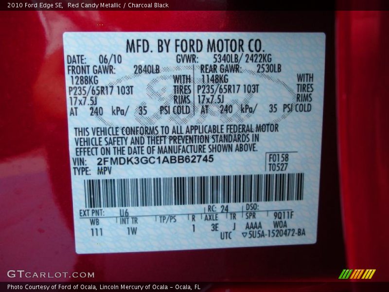 Red Candy Metallic / Charcoal Black 2010 Ford Edge SE
