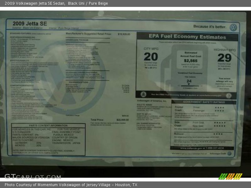 Black Uni / Pure Beige 2009 Volkswagen Jetta SE Sedan